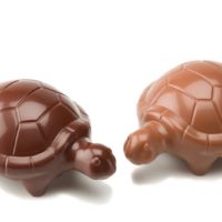 Figuras de chocolate negro 71% de cacao y chocolate con leche 45% de cacao. $4,95