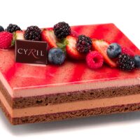 Bizcocho de chocolate negro con base de mazapán
Compota de frambuesa
Mousse de chocolate negro con base de masa bomba
Mousse de chocolate con leche y frambuesa
Glaseado.
Recomendación del Chef Cyril, sacar del refrigerador media hora antes de consumir.